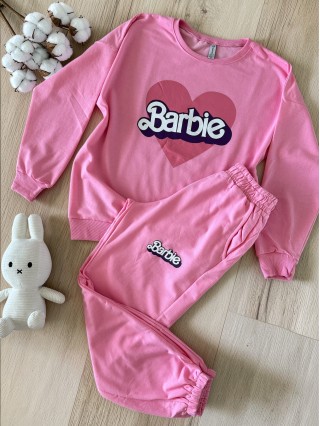 Pijama dama din bumbac cu pantaloni 3/4 si bluza roz cu imprimeu BARBIE heart