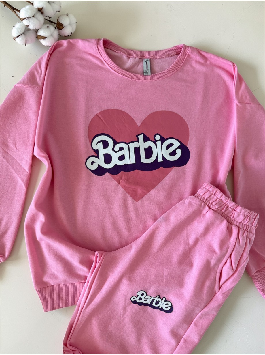 Pijama dama din bumbac cu pantaloni 3/4 si bluza roz cu imprimeu BARBIE heart