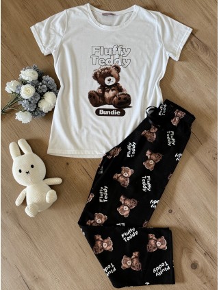 Pijama dama din bumbac cu pantaloni lungi negri si tricou alb cu imprimeu Fluffy Teddy