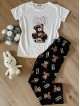 Pijama dama din bumbac cu pantaloni lungi negri si tricou alb cu imprimeu Fluffy Teddy
