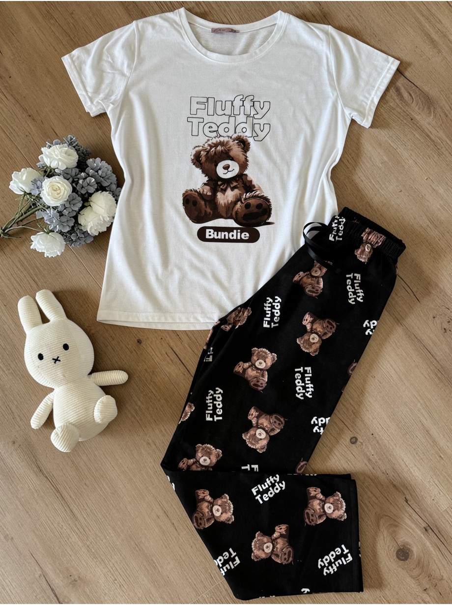 Pijama dama din bumbac cu pantaloni lungi negri si tricou alb cu imprimeu Fluffy Teddy