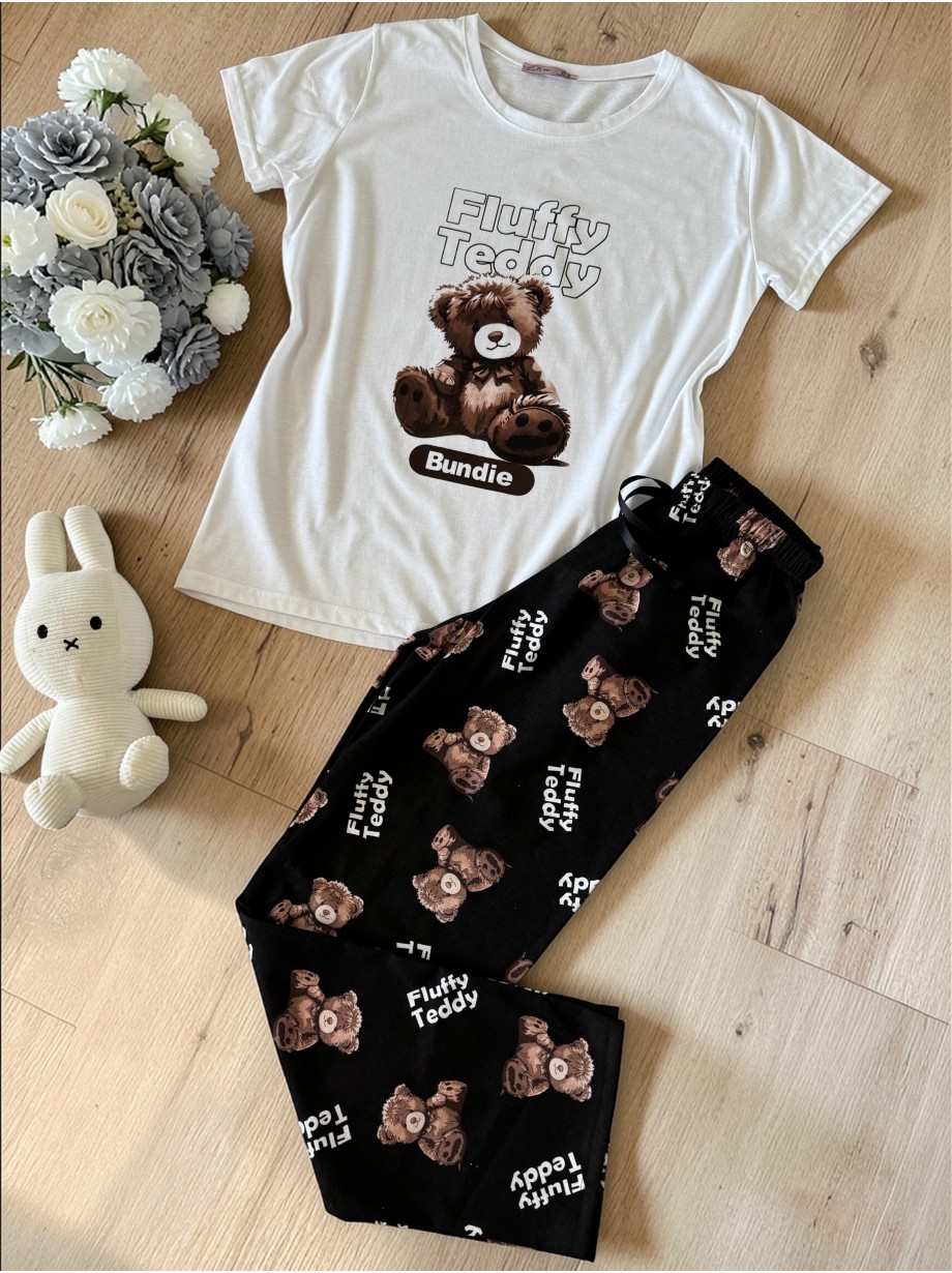 Pijama dama din bumbac cu pantaloni lungi negri si tricou alb cu imprimeu Fluffy Teddy