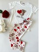 Pijama dama din bumbac ieftina cu pantaloni lungi cu inimioare si tricou alb cu imprimeu Little Bear HEARTS