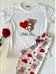 Pijama dama din bumbac ieftina cu pantaloni lungi cu inimioare si tricou alb cu imprimeu Little Bear HEARTS