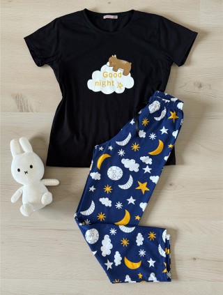 Pijama dama din bumbac cu pantaloni lungi bleumarin si tricou negru cu imprimeu GOOD NIGHT ursulet