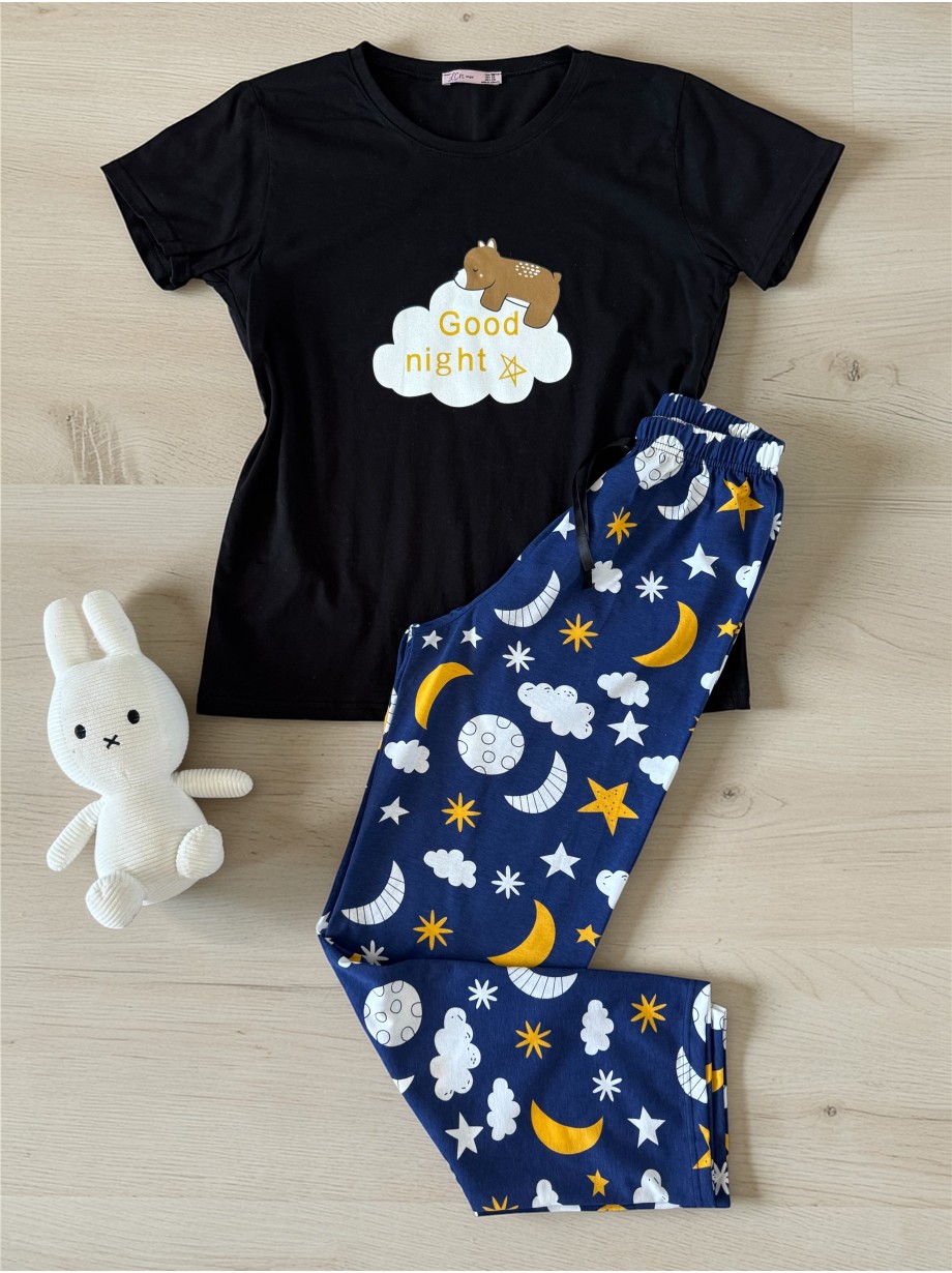 Pijama dama din bumbac cu pantaloni lungi bleumarin si tricou negru cu imprimeu GOOD NIGHT ursulet