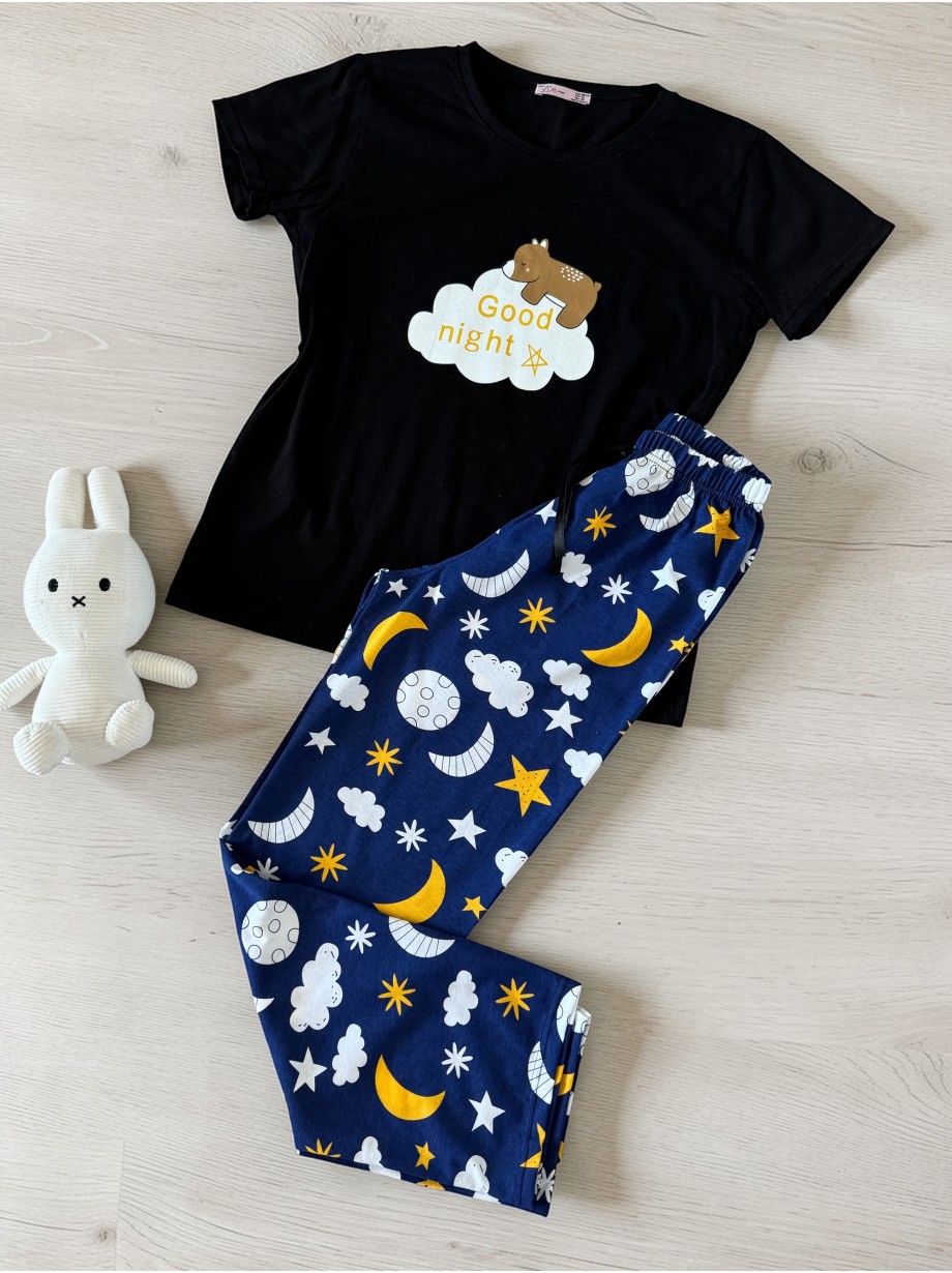 Pijama dama din bumbac cu pantaloni lungi bleumarin si tricou negru cu imprimeu GOOD NIGHT ursulet