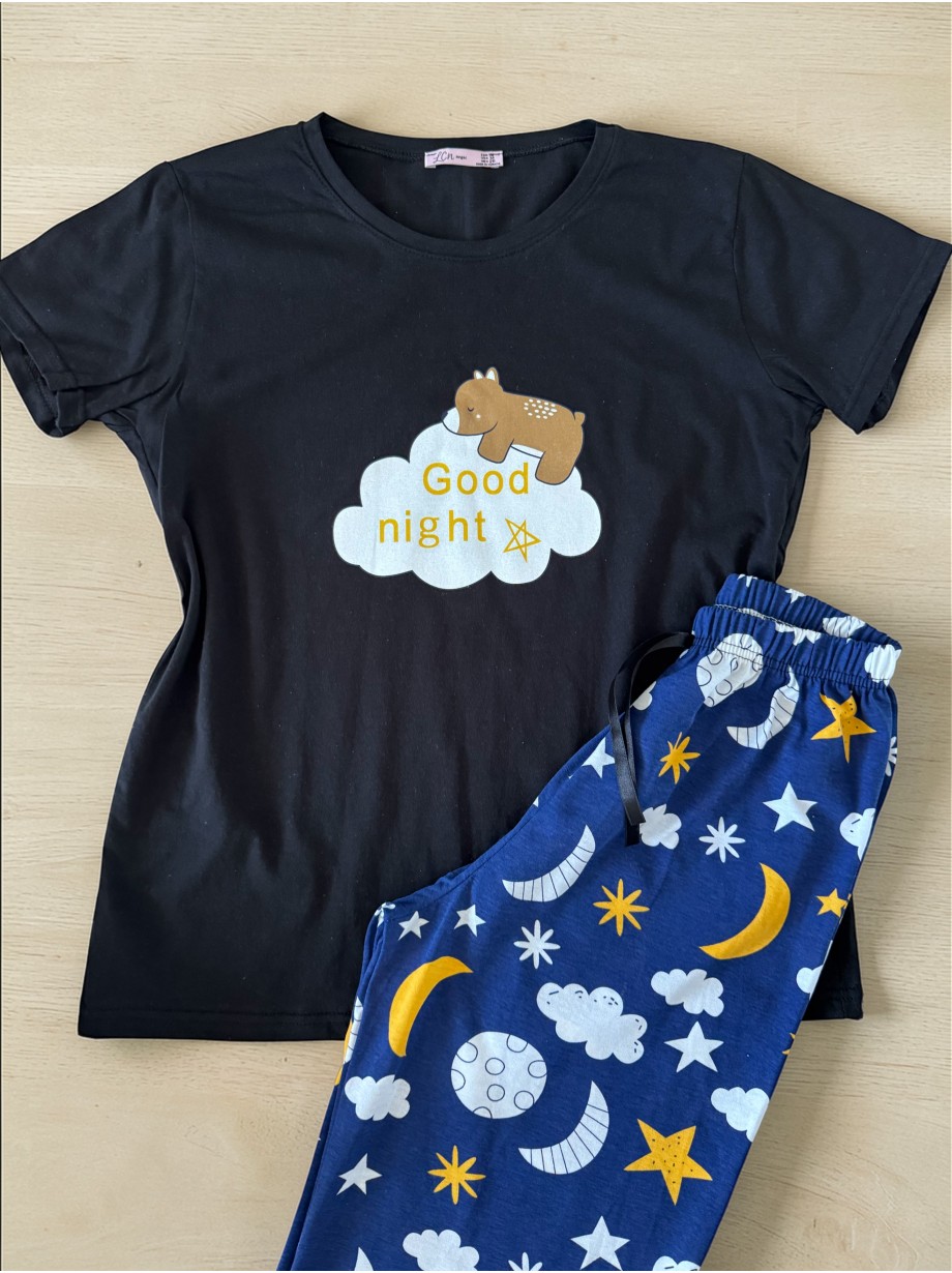 Pijama dama din bumbac cu pantaloni lungi bleumarin si tricou negru cu imprimeu GOOD NIGHT ursulet