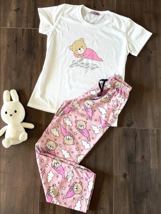 Pijama dama din bumbac cu pantaloni lungi roz si tricou alb cu imprimeu SLEEP ursulet