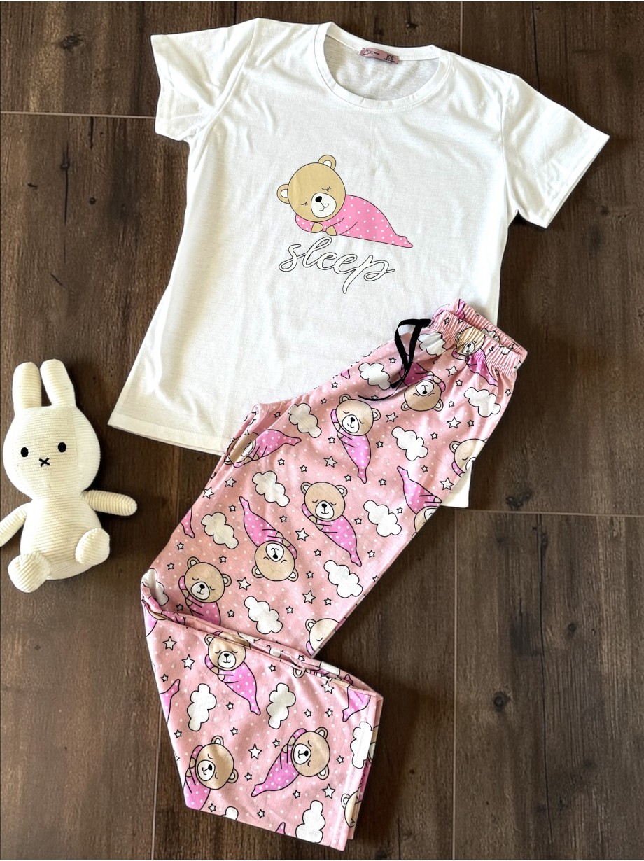 Pijama dama din bumbac cu pantaloni lungi roz si tricou alb cu imprimeu SLEEP ursulet