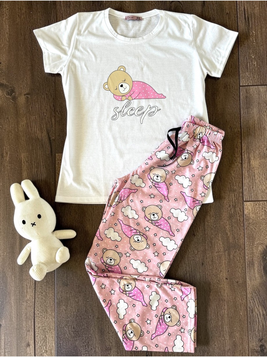 Pijama dama din bumbac cu pantaloni lungi roz si tricou alb cu imprimeu SLEEP ursulet