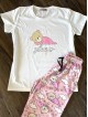 Pijama dama din bumbac cu pantaloni lungi roz si tricou alb cu imprimeu SLEEP ursulet