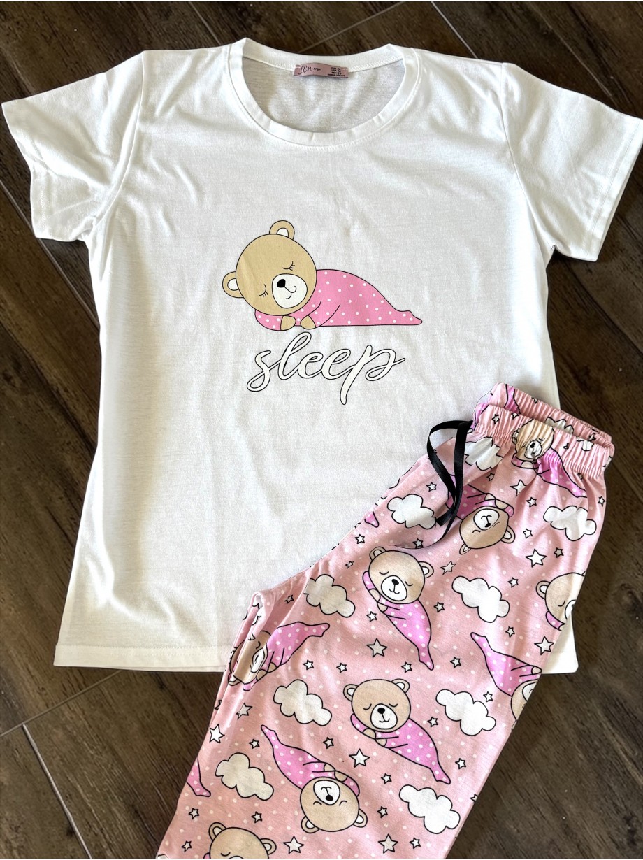 Pijama dama din bumbac cu pantaloni lungi roz si tricou alb cu imprimeu SLEEP ursulet