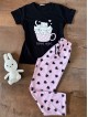 Pijama dama ieftina bumbac lunga cu pantaloni lungi roz cu inimioare si tricou negru cu imprimeu GOOD NIGHT pisicute adorabile
