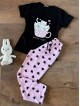 Pijama dama ieftina bumbac lunga cu pantaloni lungi roz cu inimioare si tricou negru cu imprimeu GOOD NIGHT pisicute adorabile