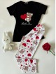 Pijama dama din bumbac ieftina cu pantaloni lungi cu inimioare si tricou negru cu imprimeu Little Bear HEARTS