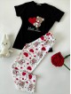Pijama dama din bumbac ieftina cu pantaloni lungi cu inimioare si tricou negru cu imprimeu Little Bear HEARTS