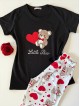Pijama dama din bumbac ieftina cu pantaloni lungi cu inimioare si tricou negru cu imprimeu Little Bear HEARTS