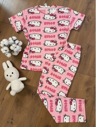 Pijama dama bumbac ieftina roz cu pantaloni lungi si tricou cu imprimeu cute HELLO KITTY
