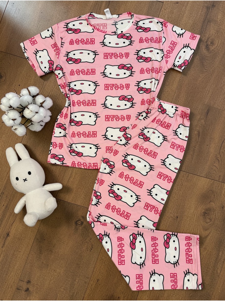Pijama dama bumbac ieftina roz cu pantaloni lungi si tricou cu imprimeu cute HELLO KITTY