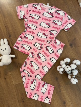 Pijama dama bumbac ieftina roz cu pantaloni lungi si tricou cu imprimeu cute HELLO KITTY