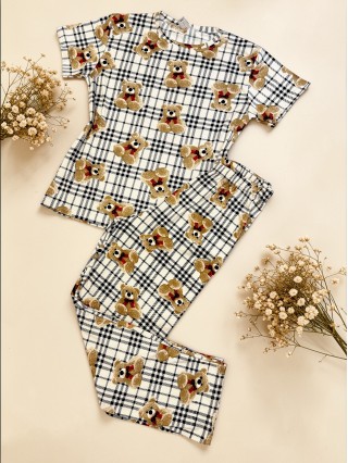 Pijama dama bumbac ieftina cu pantaloni lungi si tricou cu imprimeu carouri si ursuleti Pijama dama bumbac ieftina cu pantaloni lungi si tricou cu imprimeu carouri si ursuleti