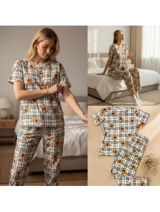 Pijama dama bumbac ieftina cu pantaloni lungi si tricou cu imprimeu carouri si ursuleti