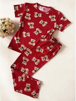Pijama dama ieftina din bumbac cu tricou si pantaloni lungi cu imprimeu URS buline