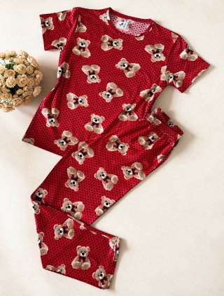 Pijama dama ieftina din bumbac cu tricou si pantaloni lungi cu imprimeu URS buline