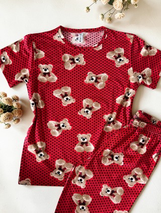 Pijama dama ieftina din bumbac cu tricou si pantaloni lungi cu imprimeu URS buline