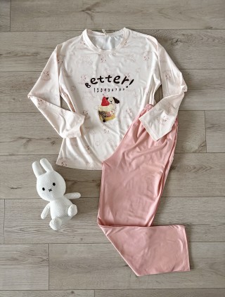 Pijama dama din bumbac ieftina cu pantaloni roz si bluza lunga cu imprimeu OITE funny