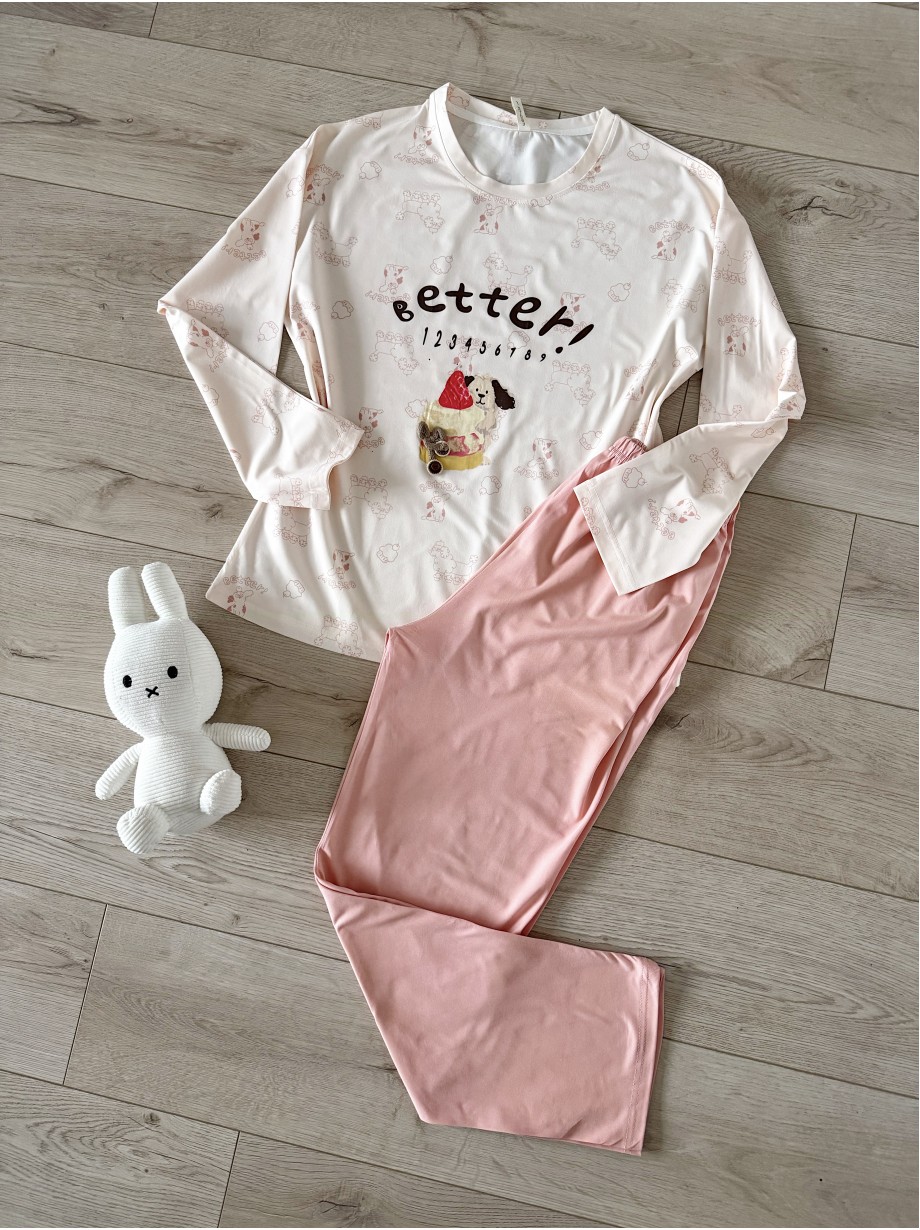 Pijama dama din bumbac ieftina cu pantaloni roz si bluza lunga cu imprimeu OITE funny