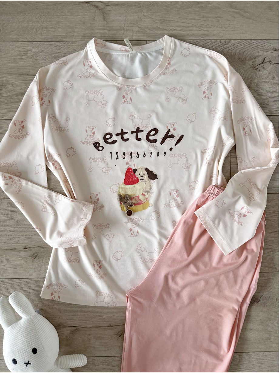 Pijama dama din bumbac ieftina cu pantaloni roz si bluza lunga cu imprimeu OITE funny