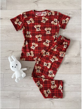 Pijama dama ieftina din bumbac cu tricou si pantaloni lungi rosii cu imprimeu URS carouri
