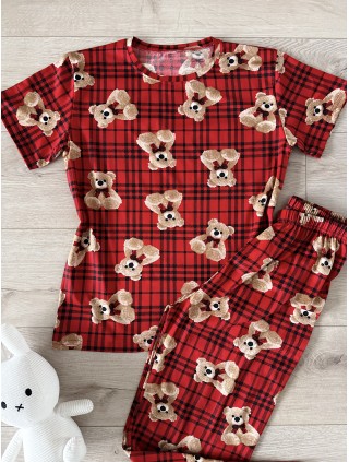 Pijama dama ieftina din bumbac cu tricou si pantaloni lungi rosii cu imprimeu URS carouri