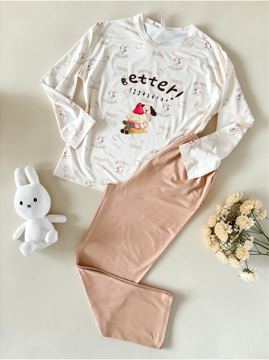 Pijama dama din bumbac ieftina cu pantaloni bej si bluza lunga cu imprimeu OITE funny