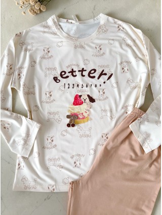 Pijama dama din bumbac ieftina cu pantaloni bej si bluza lunga cu imprimeu OITE funny