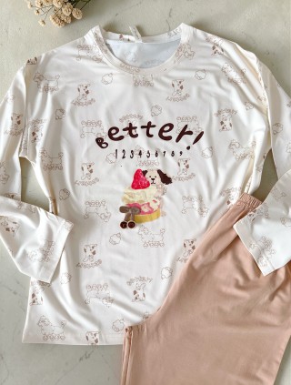 Pijama dama din bumbac ieftina cu pantaloni bej si bluza lunga cu imprimeu OITE funny