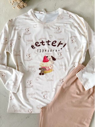 Pijama dama din bumbac ieftina cu pantaloni bej si bluza lunga cu imprimeu OITE funny