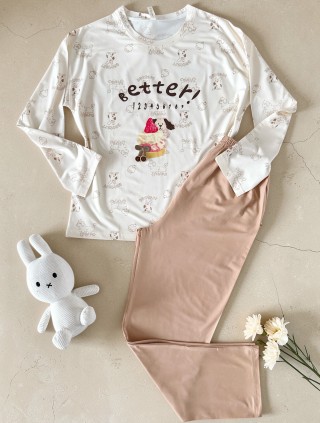 Pijama dama din bumbac ieftina cu pantaloni bej si bluza lunga cu imprimeu OITE funny