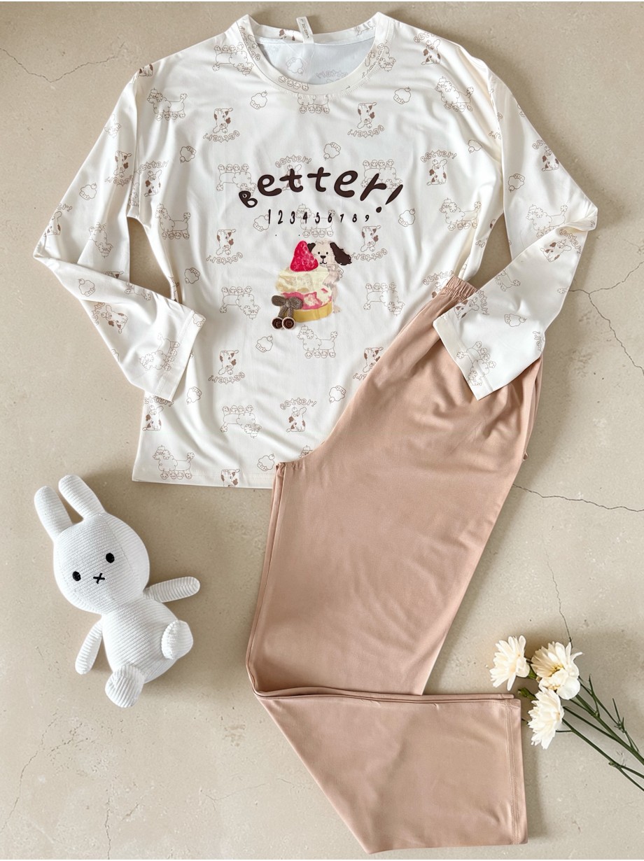 Pijama dama din bumbac ieftina cu pantaloni bej si bluza lunga cu imprimeu OITE funny