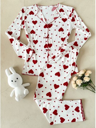 Pijama dama ieftina din bumbac alba cu pantaloni si bluza cu maneca lunga cu imprimeu INIMI ROSII