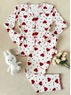 Pijama dama ieftina din bumbac alba cu pantaloni si bluza cu maneca lunga cu imprimeu INIMI ROSII