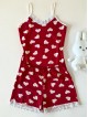 Pijama dama din bumbac rosie super draguta cu maieu si pantaloni scurti cu dantela si imprimeu inimioare
