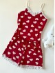Pijama dama din bumbac rosie super draguta cu maieu si pantaloni scurti cu dantela si imprimeu inimioare