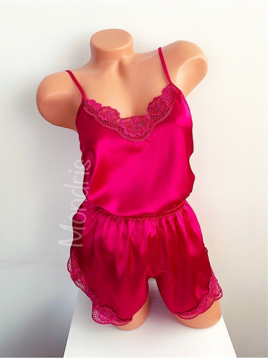 Pijama dama ieftina primavara-vara roz Lady cu model dantelat