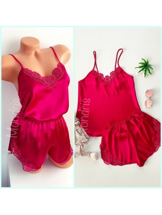 Pijama dama ieftina primavara-vara roz Lady cu model dantelat