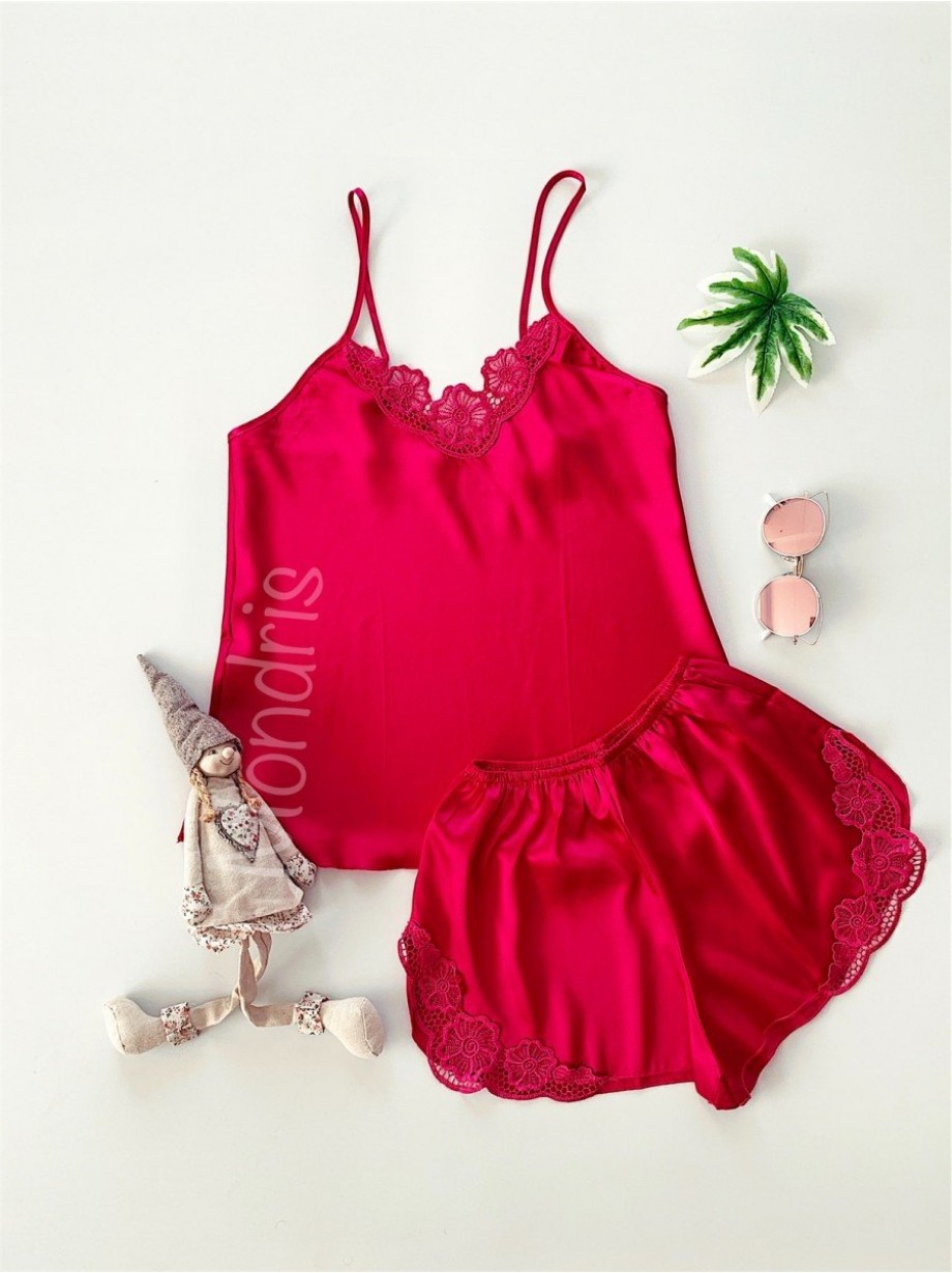 Pijama dama ieftina primavara-vara roz Lady cu model dantelat