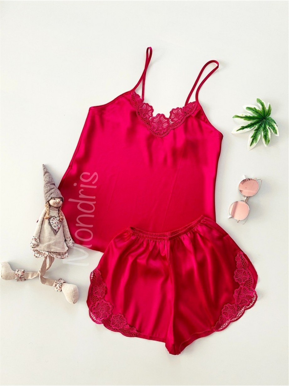 Pijama dama ieftina primavara-vara roz Lady cu model dantelat