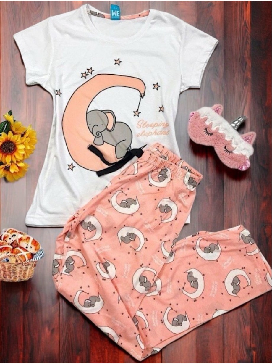 Pijama dama ieftina bumbac lunga cu pantaloni lungi roz si tricou alb cu imprimeu Elefantel